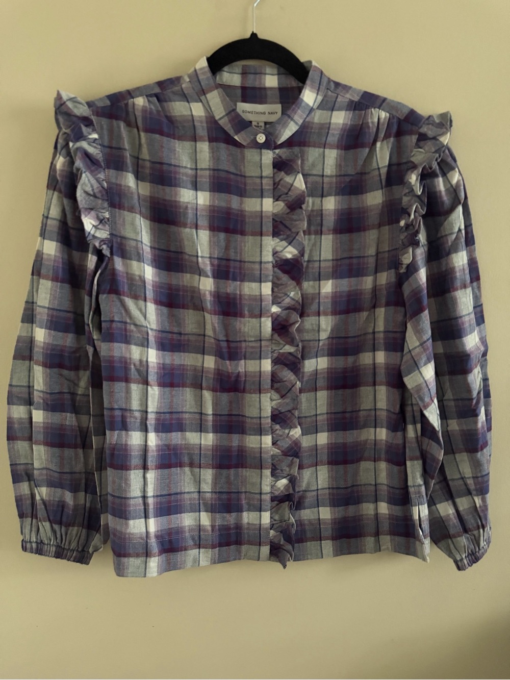 New! Something Navy Lavender & Gray Plaid Ruffle Button-Front Blouse